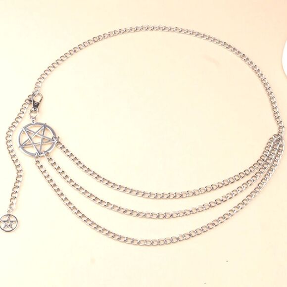 HALLOWEEN SALE Silver Goth Vintage Pentagram Layered Chain Belt - Picture 3 of 6